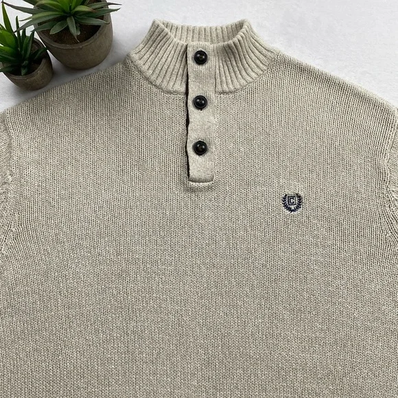 Chaps Knit Mock Neck Quarter Button Elbow Patch Long Sleeve Pullover Sweater - Picture 3 of 16